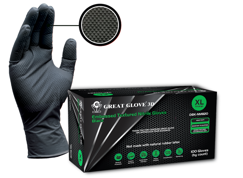 GREAT GLOVE 3D 8mil Diamond Grip-Black Case of 10 Boxes