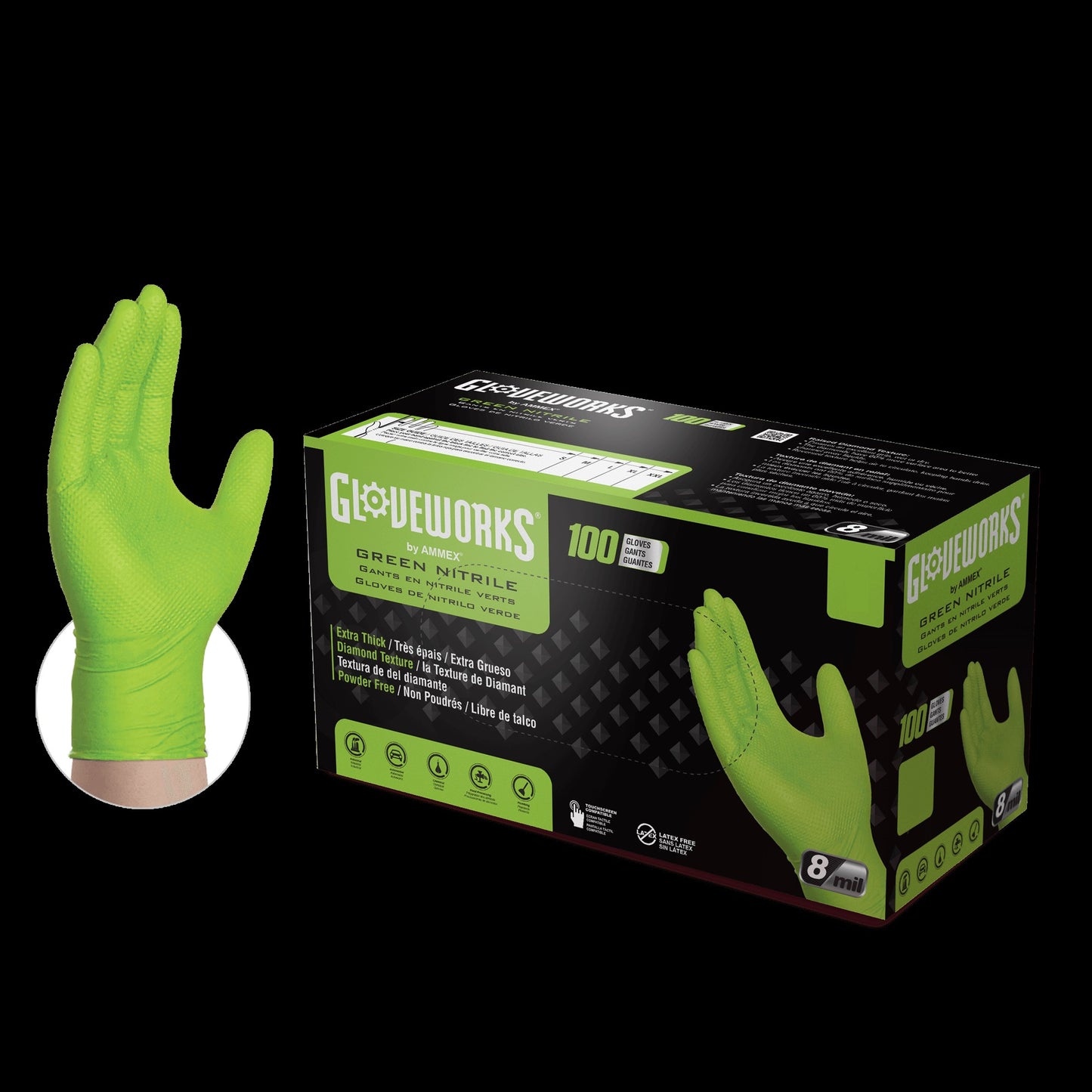 Raised Diamond Texture Green Nitrile 8 mil Case/10 Boxes